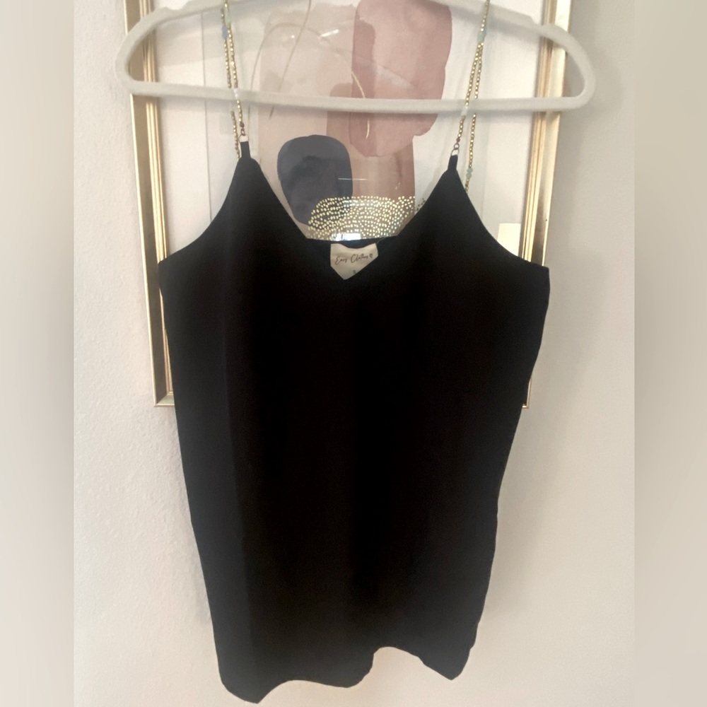 Black tank top with gold beaded straps